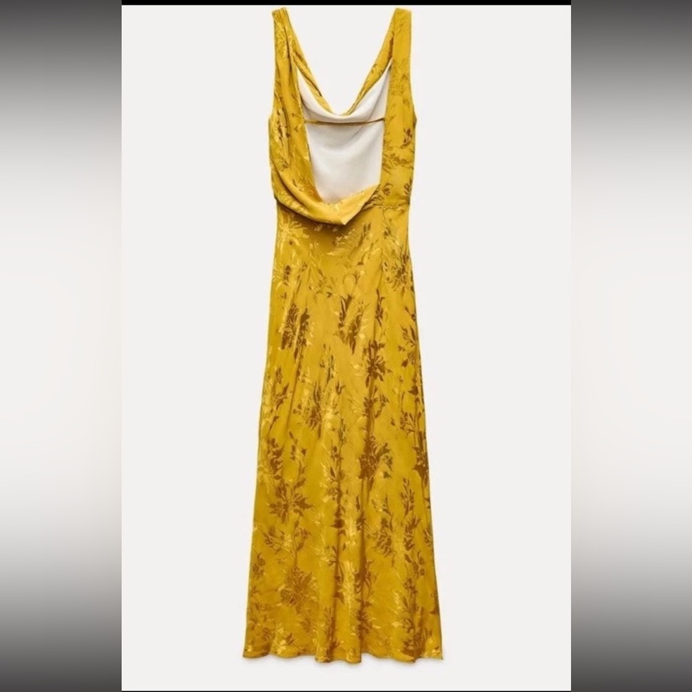 ZARA bloggers fav Satin Floral Jacquard Midi Maxi Dress Open Back Yellow Gold M - Picture 7 of 10